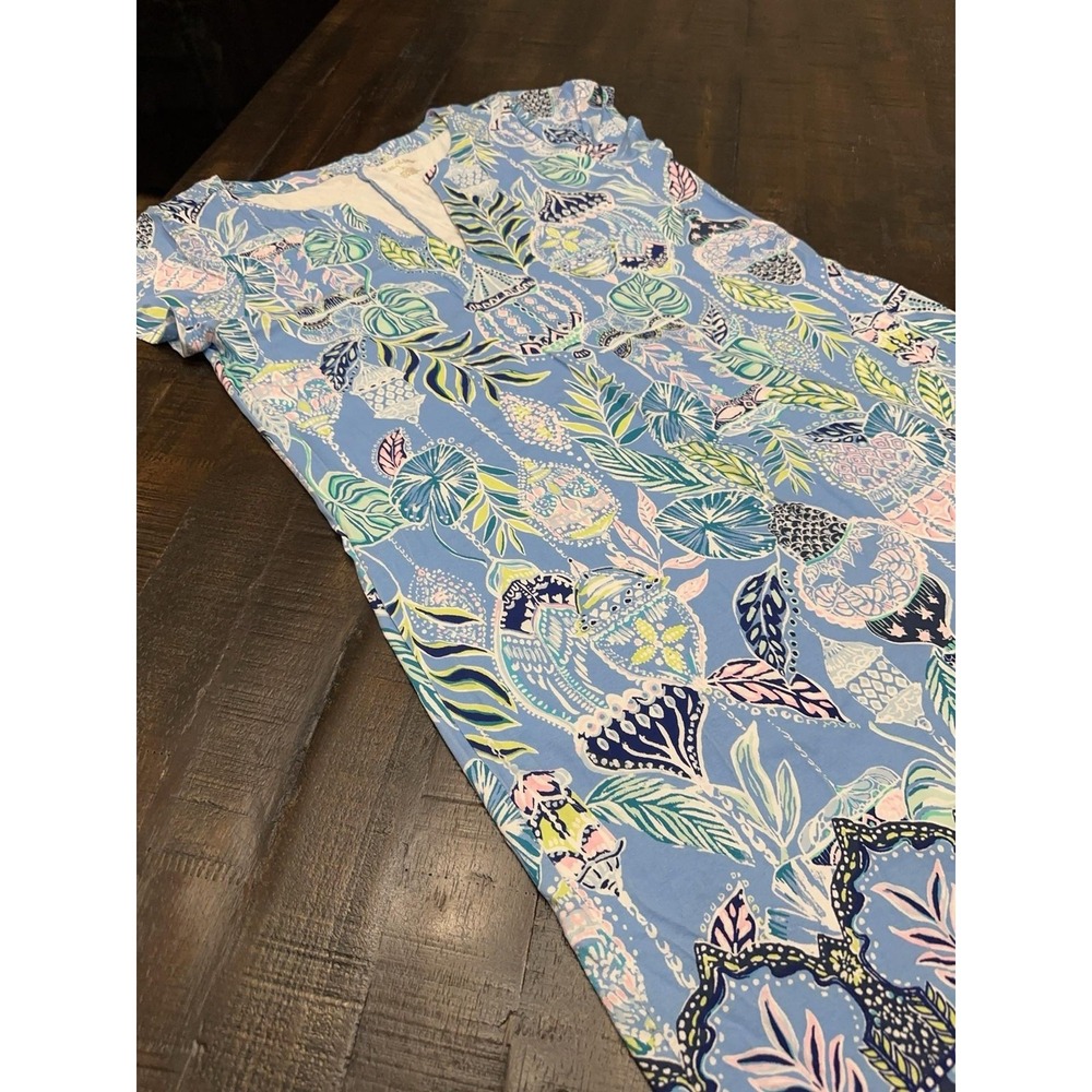 Lilly Pulitzer Dress Womens XL Blue Floral V-Neck Ruffle Sleeve T-Shirt Shift